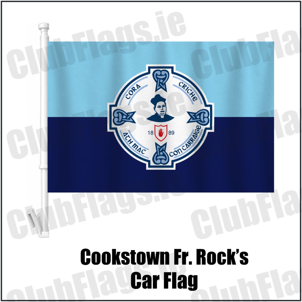 Cookstown Fr. Rock’s Car Flag in sky blue and navy, featuring the club crest on realistic fabric with gentle vertical folds; County Tyrone GAA. ClubFlags.ie.