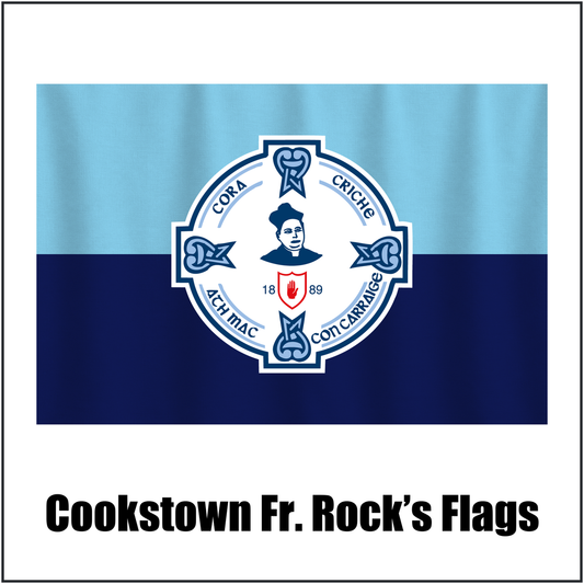 Cookstown Fr. Rock’s Flags, featuring the club crest and sky blue and navy colours; County Tyrone GAA. ClubFlags.ie.