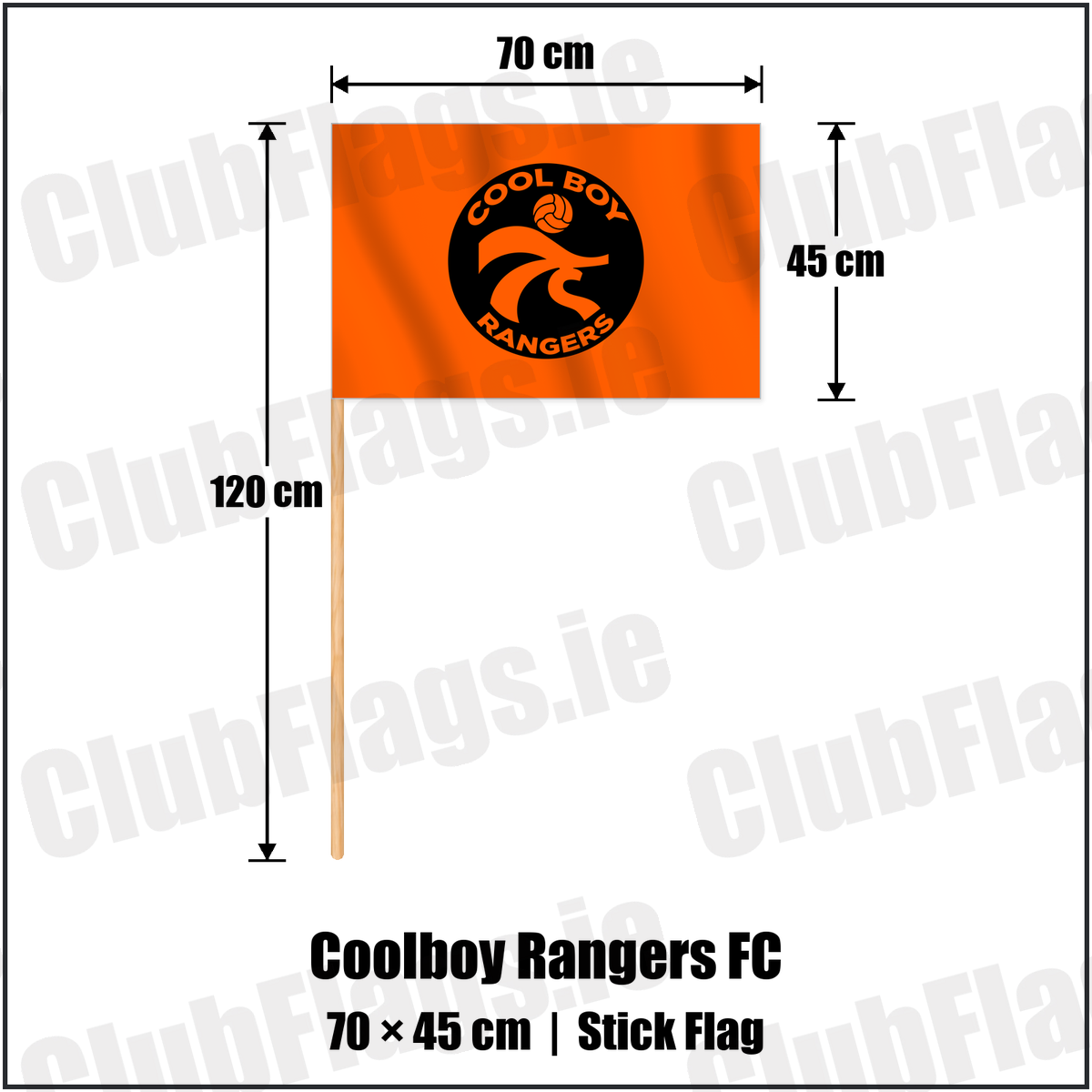 Coolboy Rangers FC 45cm x 70cm Stick Flag with the club crest and colours, Wicklow Football - ClubFlags.ie