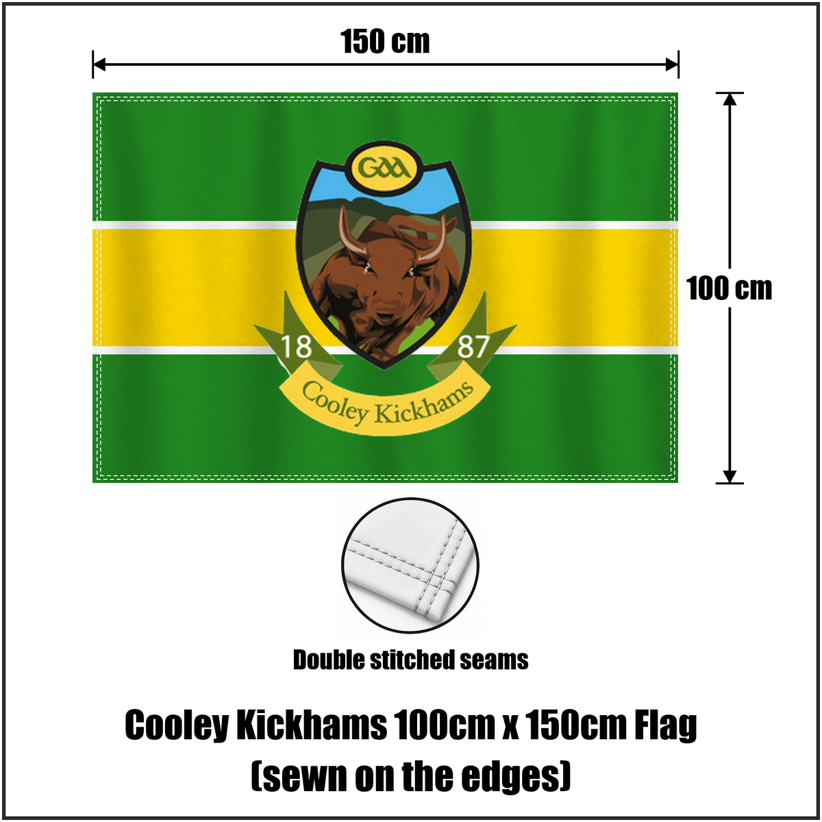Cooley Kickhams 100cm x 150cm Flag (sewn on the edges), featuring the club crest and green and gold and white colours; County Louth GAA. ClubFlags.ie.
