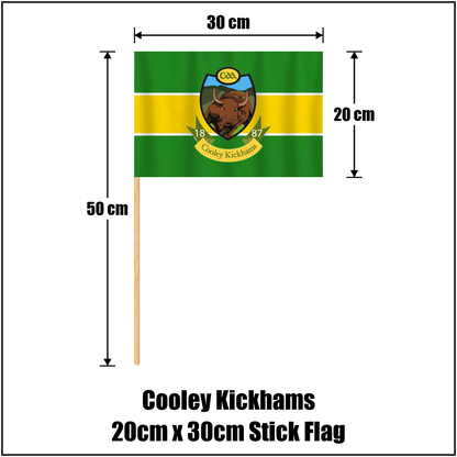 Cooley Kickhams 20cm x 30cm Stick Flag, featuring the club crest and green and gold and white colours; County Louth GAA. ClubFlags.ie.