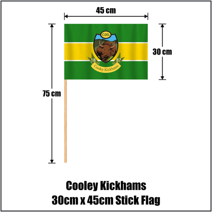 Cooley Kickhams 30cm x 45cm Stick Flag, featuring the club crest and green and gold and white colours; County Louth GAA. ClubFlags.ie.