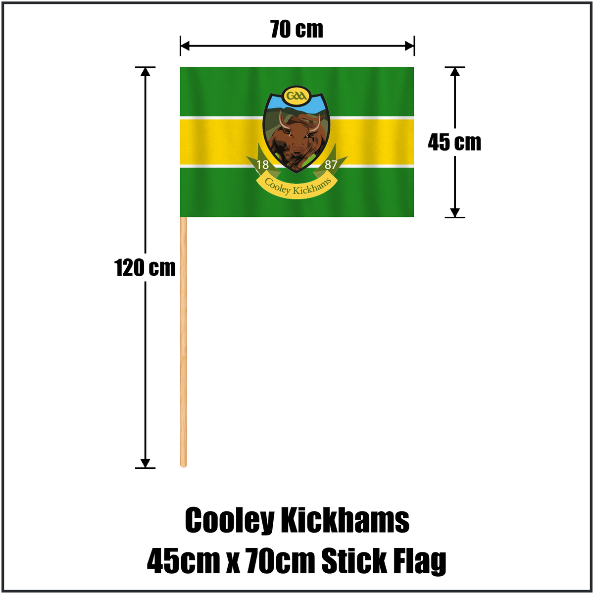 Cooley Kickhams 45cm x 70cm Stick Flag, featuring the club crest and green and gold and white colours; County Louth GAA. ClubFlags.ie.