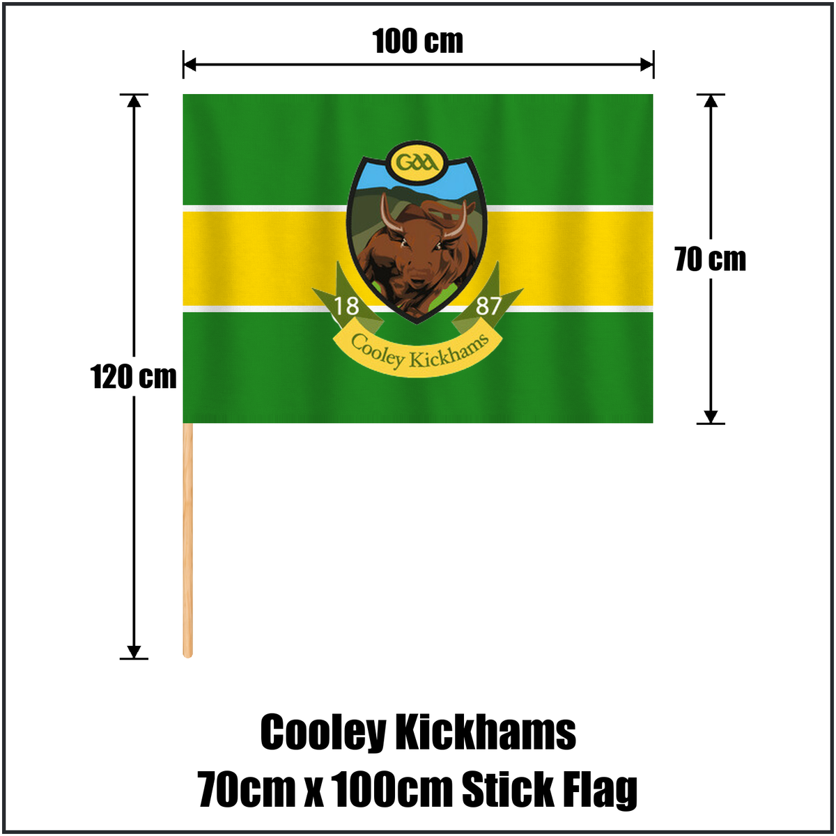 Cooley Kickhams 70cm x 100cm Stick Flag, featuring the club crest and green and gold and white colours; County Louth GAA. ClubFlags.ie.