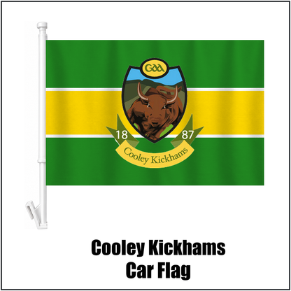 Cooley Kickhams Car Flag, featuring the club crest and green and gold and white colours; County Louth GAA. ClubFlags.ie.