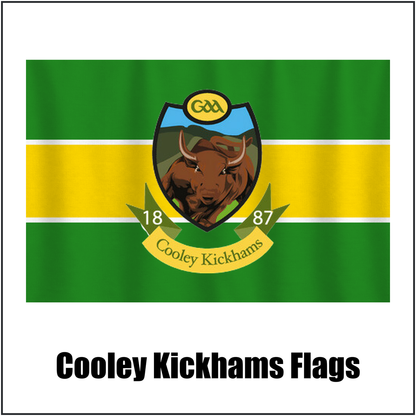 Cooley Kickhams Flags, featuring the club crest and green and gold and white colours; County Louth GAA. ClubFlags.ie.