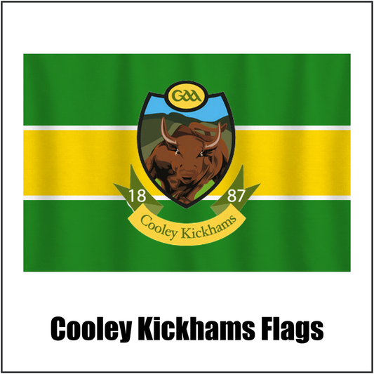 Cooley Kickhams Flags, featuring the club crest and green and gold and white colours; County Louth GAA. ClubFlags.ie.