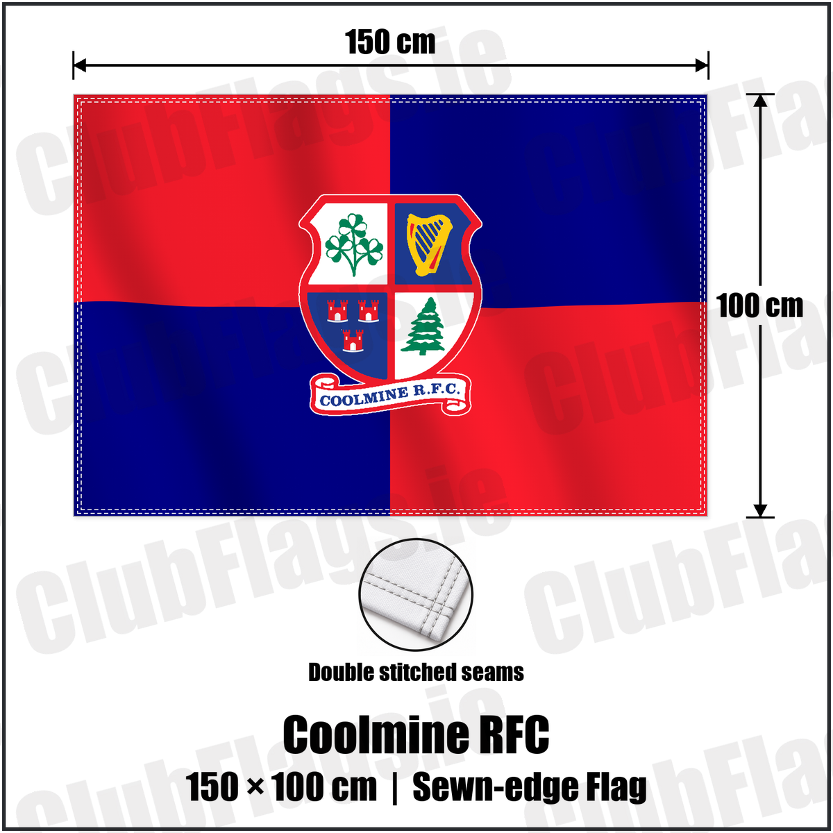 Coolmine RFC 100cm x 150cm Flag (sewn on the edges) with the club crest and colours, Dublin Rugby - ClubFlags.ie