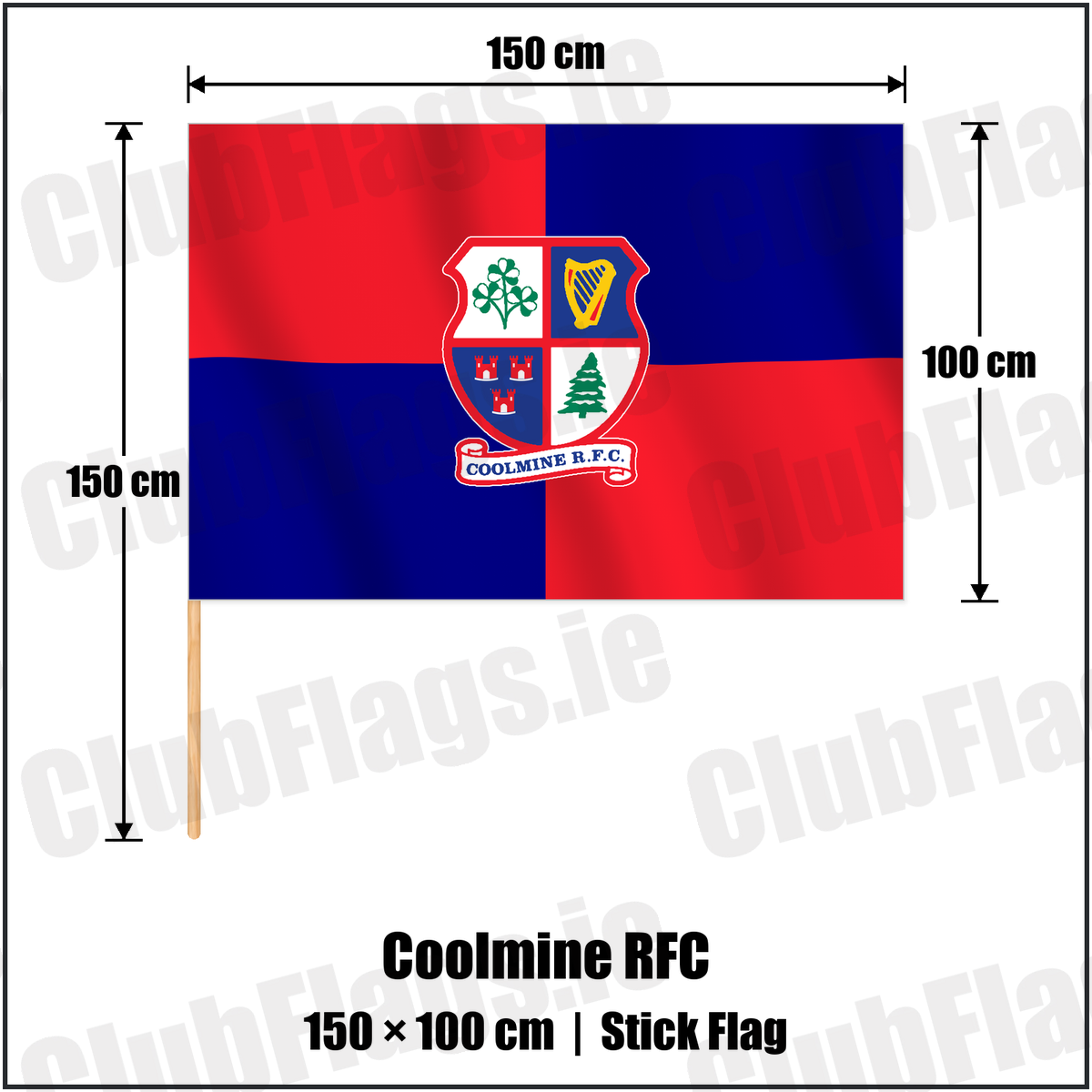 Coolmine RFC 100cm x 150cm Stick Flag with the club crest and colours, Dublin Rugby - ClubFlags.ie
