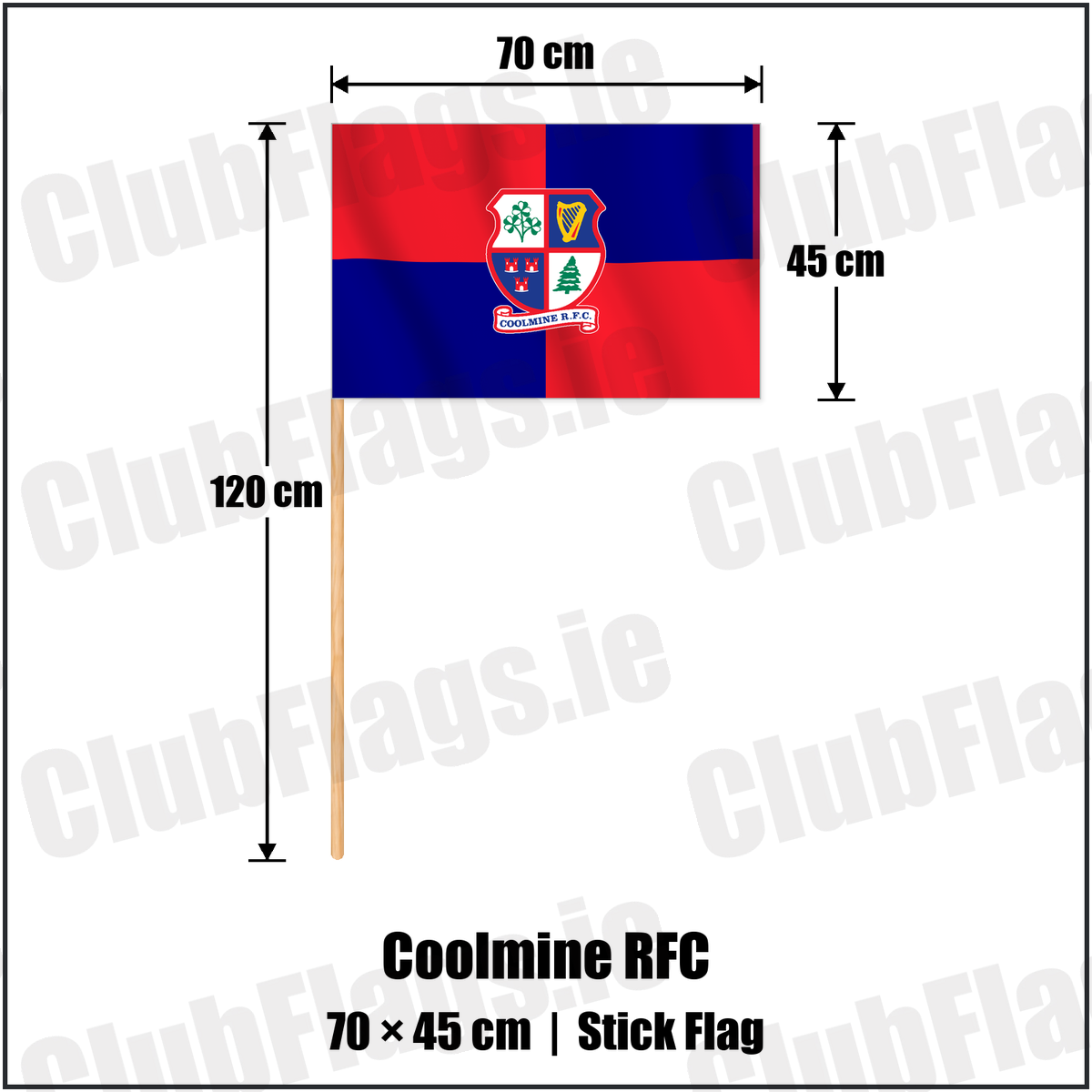 Coolmine RFC 45cm x 70cm Stick Flag with the club crest and colours, Dublin Rugby - ClubFlags.ie