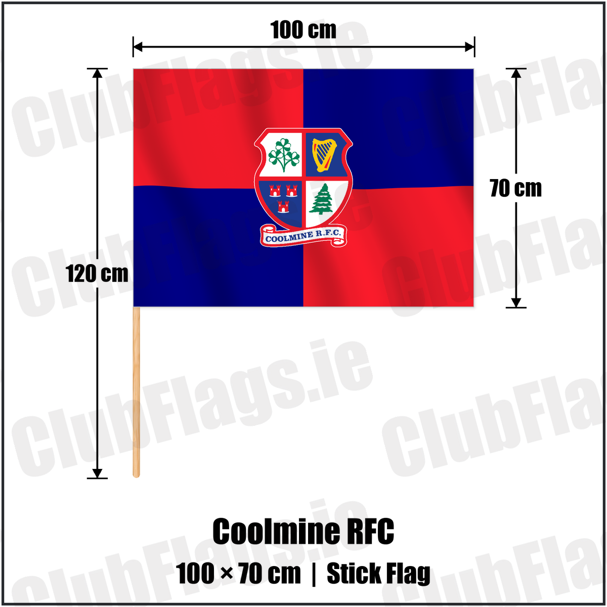 Coolmine RFC 70cm x 100cm Stick Flag with the club crest and colours, Dublin Rugby - ClubFlags.ie