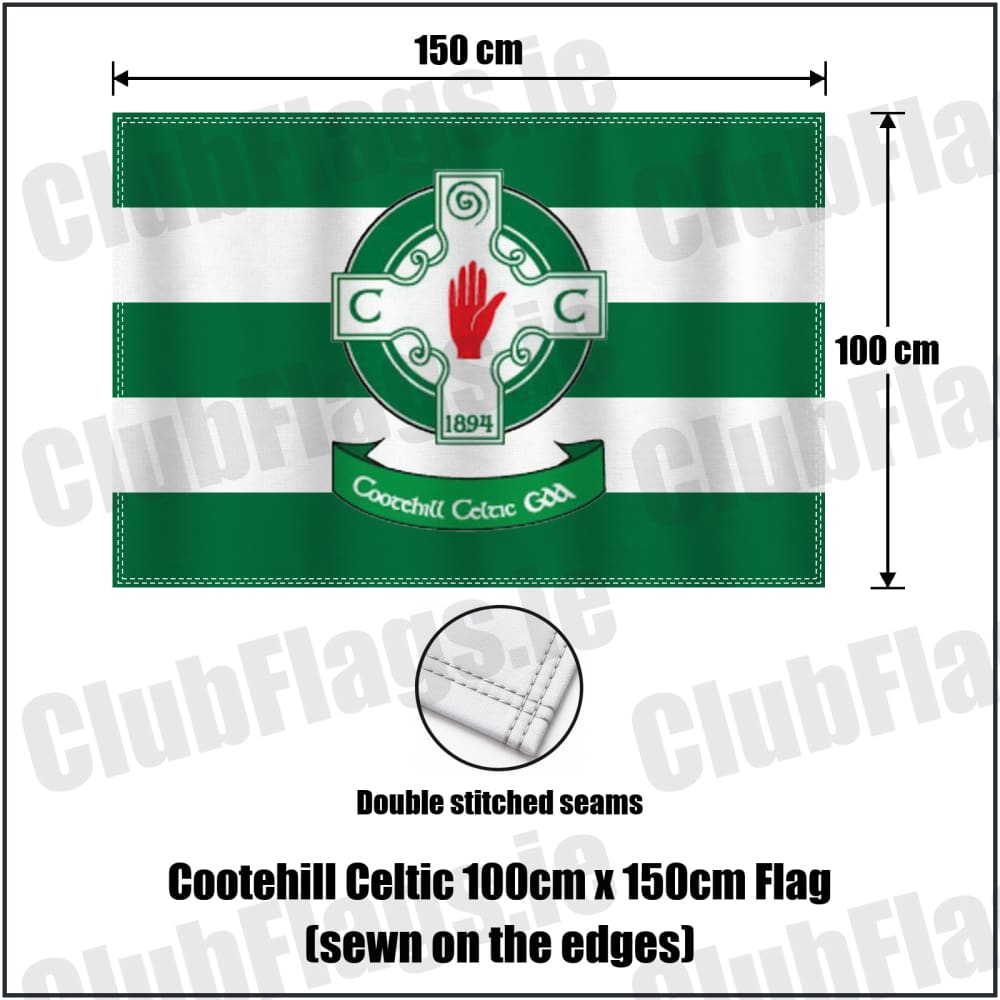 Cootehill Celtic 100cm x 150cm Flag (sewn on the edges) in green and white, featuring the club crest on realistic fabric with gentle vertical folds; County Cavan GAA. ClubFlags.ie.