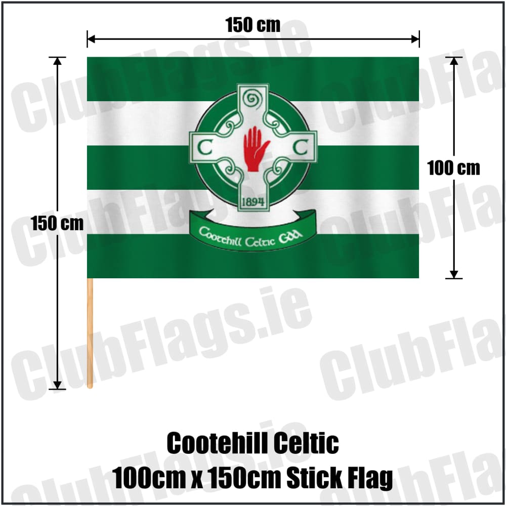 Cootehill Celtic 100cm x 150cm Stick Flag in green and white, featuring the club crest on realistic fabric with gentle vertical folds; County Cavan GAA. ClubFlags.ie.