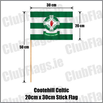 Cootehill Celtic 20cm x 30cm Stick Flag in green and white, featuring the club crest on realistic fabric with gentle vertical folds; County Cavan GAA. ClubFlags.ie.