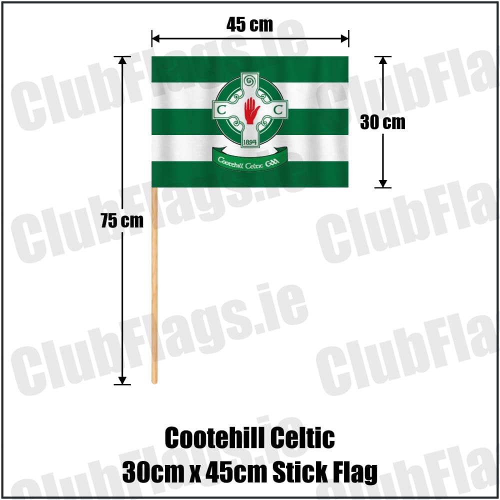 Cootehill Celtic 30cm x 45cm Stick Flag in green and white, featuring the club crest on realistic fabric with gentle vertical folds; County Cavan GAA. ClubFlags.ie.
