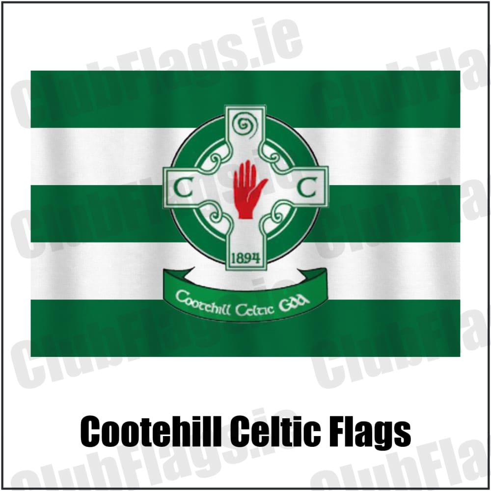 Cootehill Celtic Flags in green and white, featuring the club crest on realistic fabric with gentle vertical folds; County Cavan GAA. ClubFlags.ie.