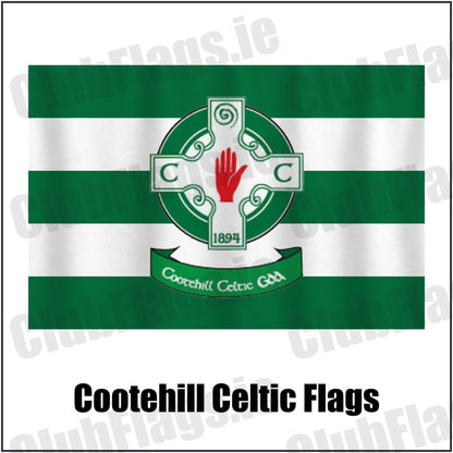 Cootehill Celtic Flags in green and white, featuring the club crest on realistic fabric with gentle vertical folds; County Cavan GAA. ClubFlags.ie.