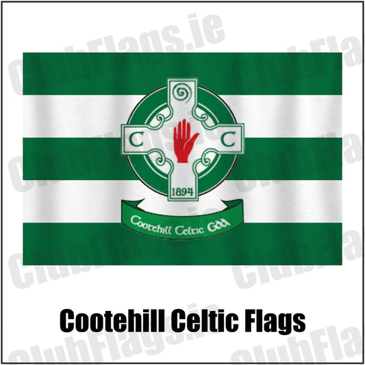 Cootehill Celtic Flags in green and white, featuring the club crest on realistic fabric with gentle vertical folds; County Cavan GAA. ClubFlags.ie.