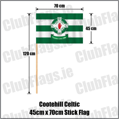 Cootehill Celtic 45cm x 70cm Stick Flag in green and white, featuring the club crest on realistic fabric with gentle vertical folds; County Cavan GAA. ClubFlags.ie.