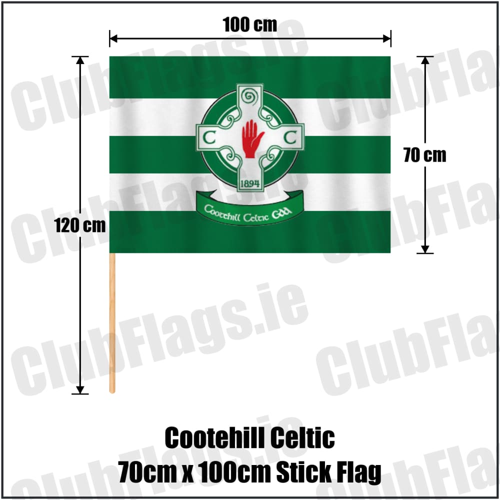 Cootehill Celtic 70cm x 100cm Stick Flag in green and white, featuring the club crest on realistic fabric with gentle vertical folds; County Cavan GAA. ClubFlags.ie.
