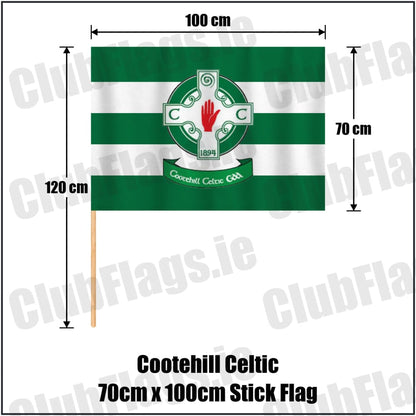 Cootehill Celtic 70cm x 100cm Stick Flag in green and white, featuring the club crest on realistic fabric with gentle vertical folds; County Cavan GAA. ClubFlags.ie.