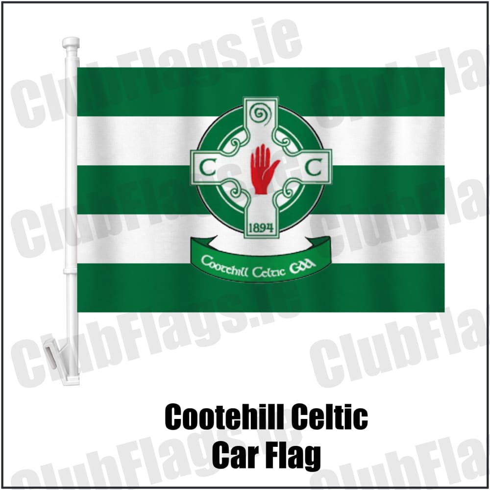 Cootehill Celtic Car Flag in green and white, featuring the club crest on realistic fabric with gentle vertical folds; County Cavan GAA. ClubFlags.ie.