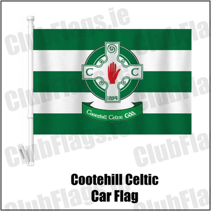 Cootehill Celtic Car Flag in green and white, featuring the club crest on realistic fabric with gentle vertical folds; County Cavan GAA. ClubFlags.ie.