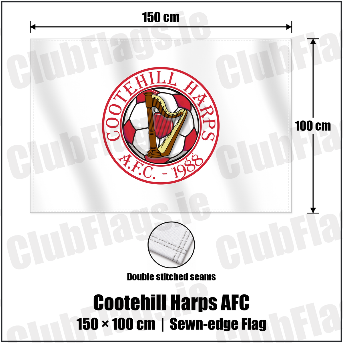 Cootehill Harps AFC 100cm x 150cm Flag (sewn on the edges) with the club crest and colours, Cavan Football - ClubFlags.ie