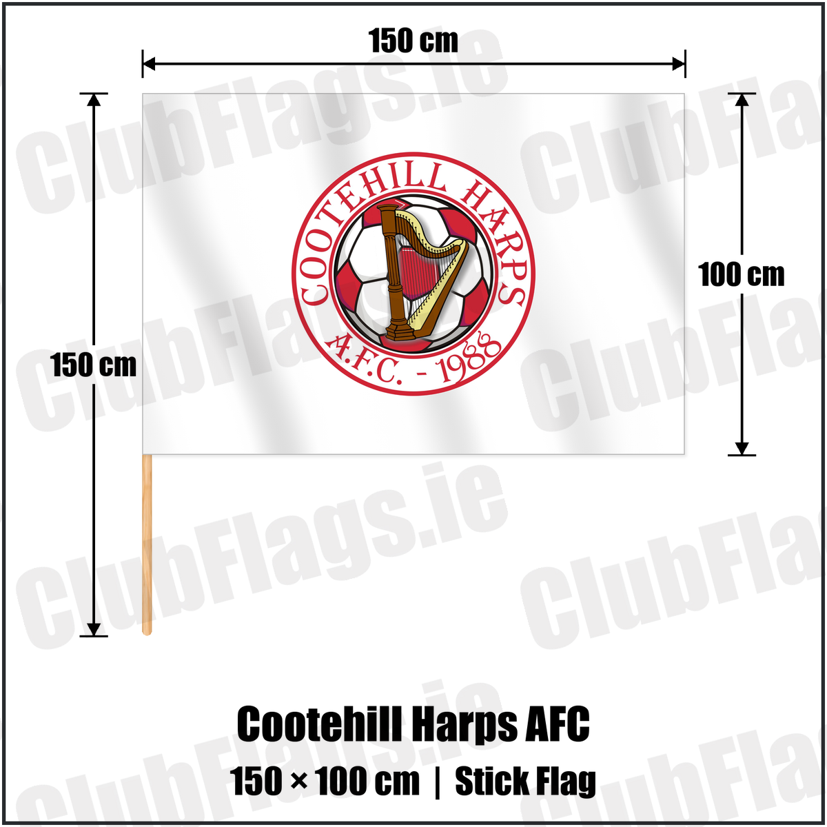 Cootehill Harps AFC 100cm x 150cm Stick Flag with the club crest and colours, Cavan Football - ClubFlags.ie