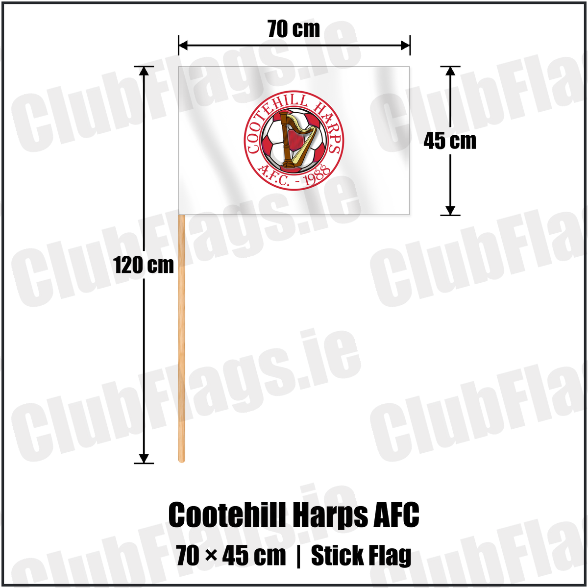 Cootehill Harps AFC 45cm x 70cm Stick Flag with the club crest and colours, Cavan Football - ClubFlags.ie