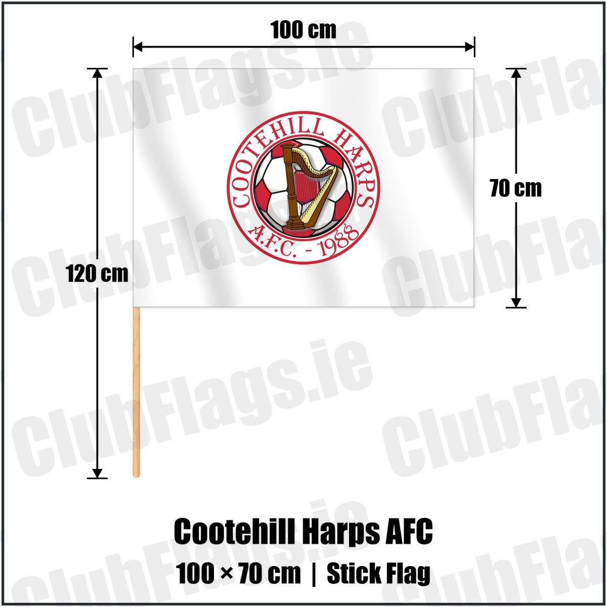 Cootehill Harps AFC 70cm x 100cm Stick Flag with the club crest and colours, Cavan Football - ClubFlags.ie