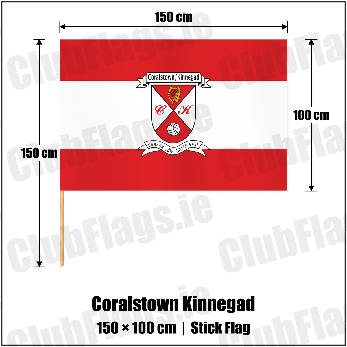 Coralstown Kinnegad 100cm x 150cm Stick Flag with the club crest and colours, Westmeath GAA - ClubFlags.ie