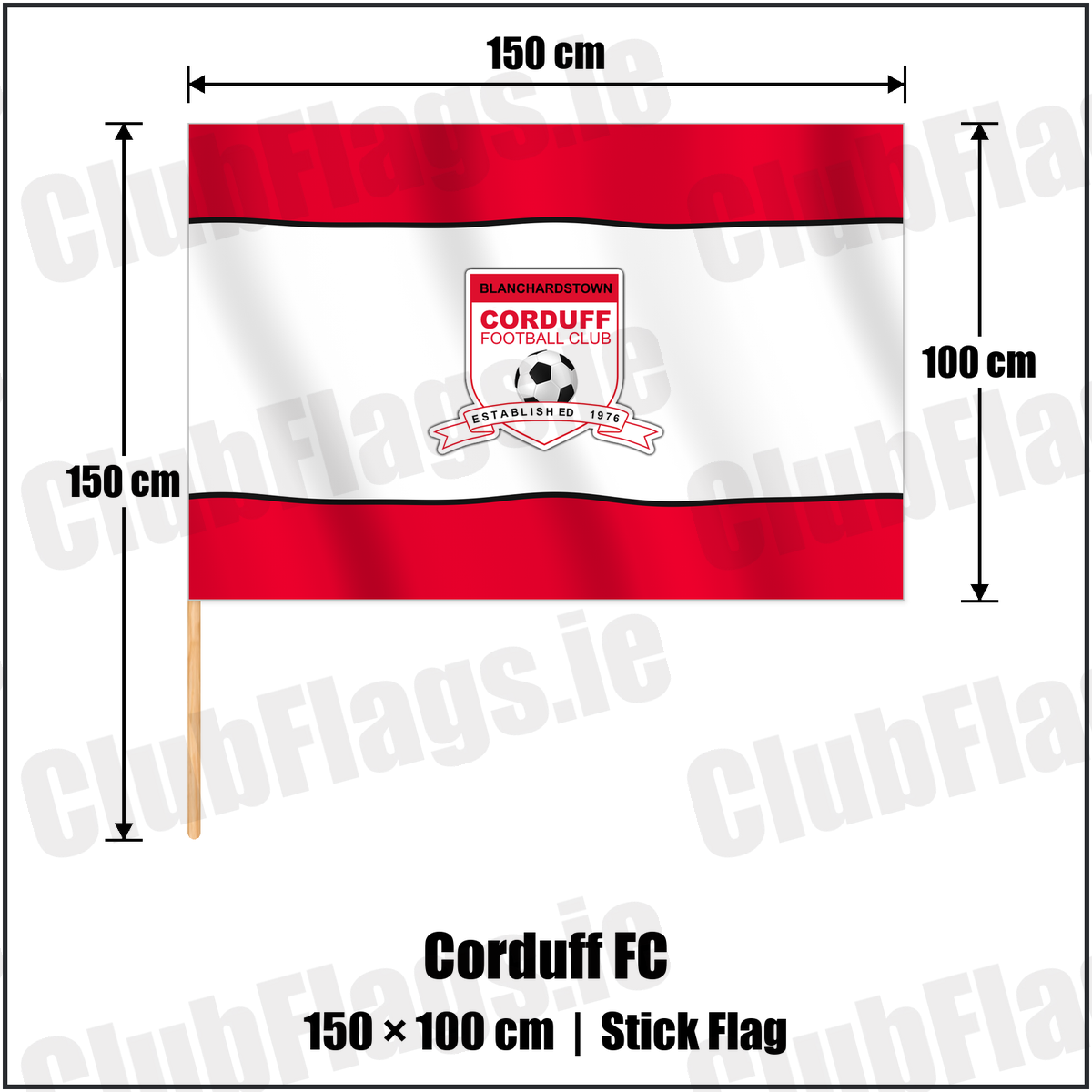 Corduff FC 100cm x 150cm Stick Flag with the club crest and colours, Dublin Football - ClubFlags.ie