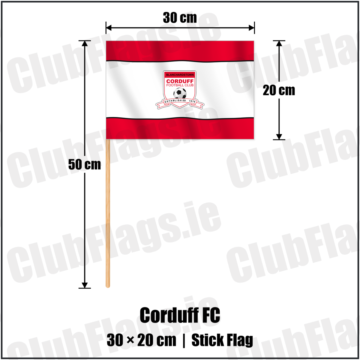 Corduff FC 20cm x 30cm Stick Flag with the club crest and colours, Dublin Football - ClubFlags.ie