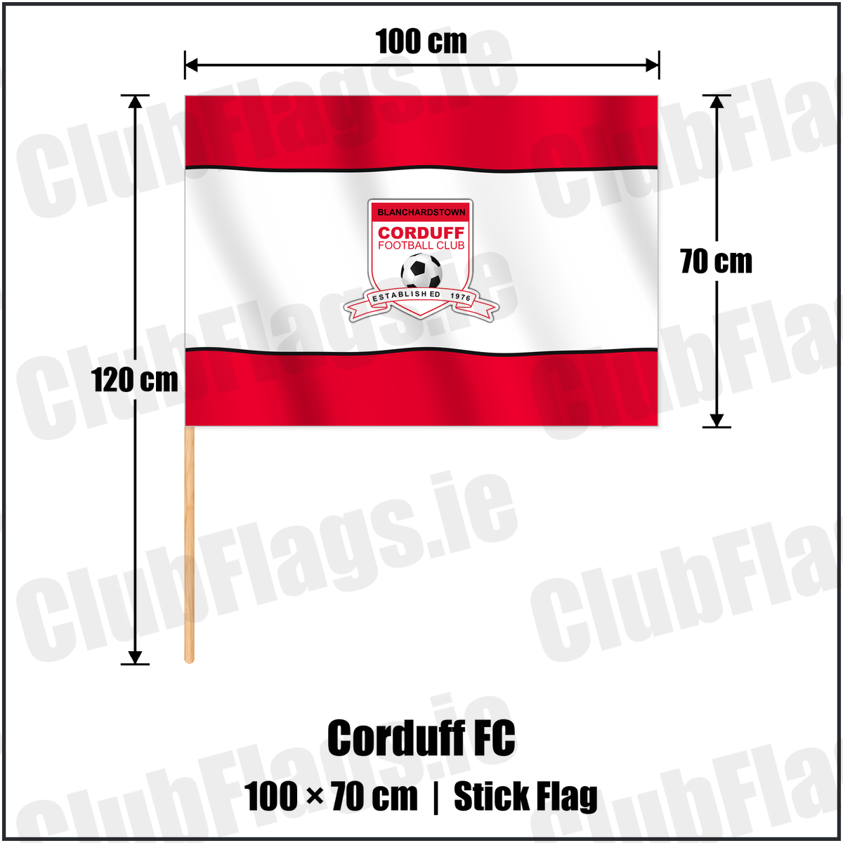Corduff FC 70cm x 100cm Stick Flag with the club crest and colours, Dublin Football - ClubFlags.ie