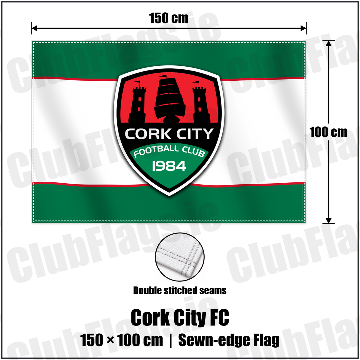 Cork City FC 100cm x 150cm Flag (sewn on the edges) with the club crest and colours, Cork Football - ClubFlags.ie