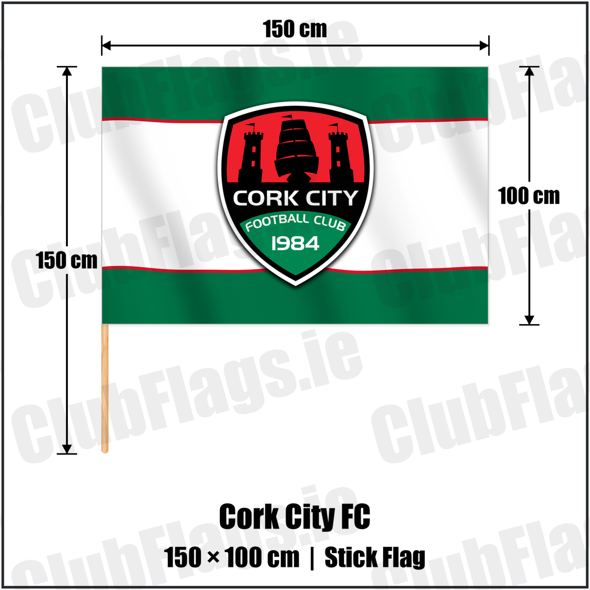 Cork City FC 100cm x 150cm Stick Flag with the club crest and colours, Cork Football - ClubFlags.ie