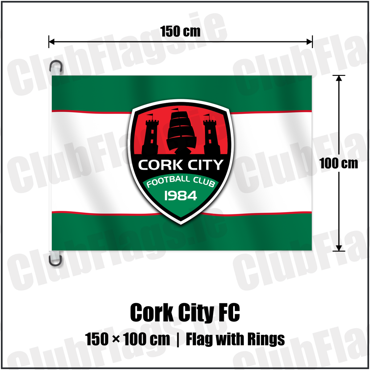 Cork City FC 150cm x 100cm Flag Pole Flag with Rings with the club crest and colours, Cork Football - ClubFlags.ie