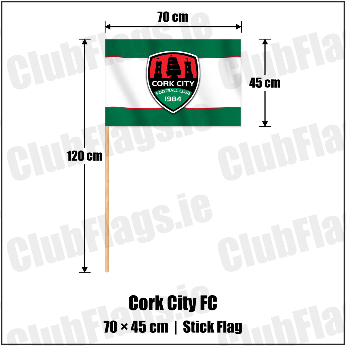 Cork City FC 45cm x 70cm Stick Flag with the club crest and colours, Cork Football - ClubFlags.ie