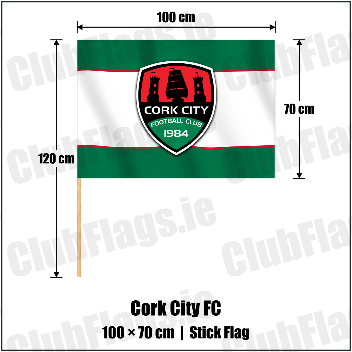 Cork City FC 70cm x 100cm Stick Flag with the club crest and colours, Cork Football - ClubFlags.ie