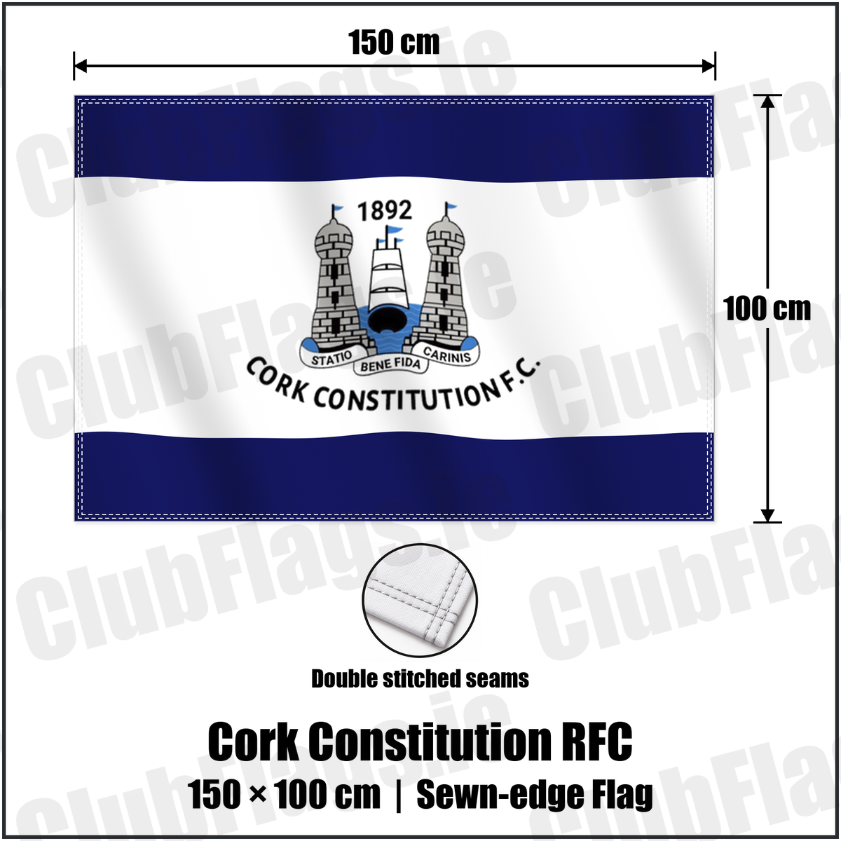 Cork Constitution RFC 100cm x 150cm Flag (sewn on the edges) with the verified club crest and colours, Cork Rugby - ClubFlags.ie