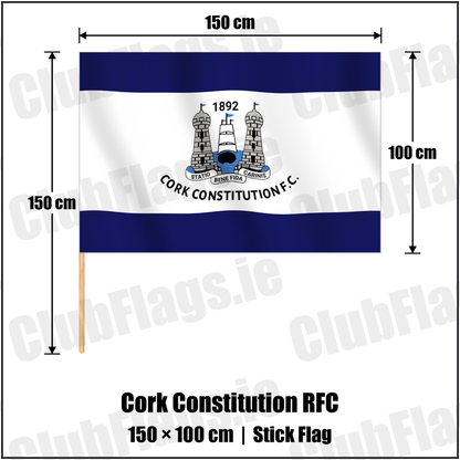 Cork Constitution RFC 100cm x 150cm Stick Flag with the verified club crest and colours, Cork Rugby - ClubFlags.ie