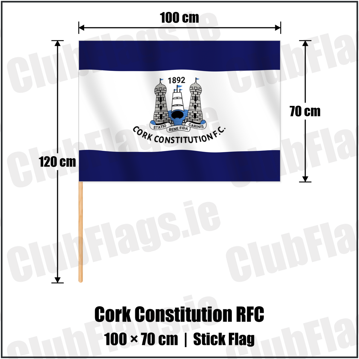 Cork Constitution RFC 70cm x 100cm Stick Flag with the verified club crest and colours, Cork Rugby - ClubFlags.ie