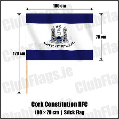 Cork Constitution RFC 70cm x 100cm Stick Flag with the verified club crest and colours, Cork Rugby - ClubFlags.ie