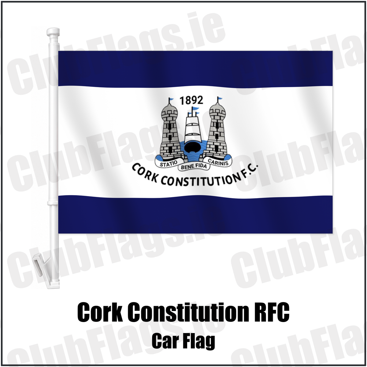 Cork Constitution RFC Car Flag with the verified club crest and colours, Cork Rugby - ClubFlags.ie