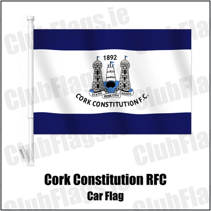Cork Constitution RFC Car Flag with the verified club crest and colours, Cork Rugby - ClubFlags.ie
