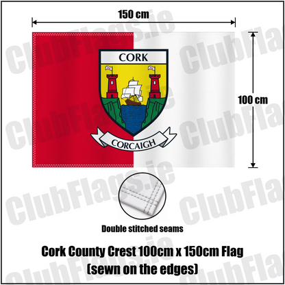 Cork county crest 100 × 150 cm sewn-edge flag in red and white, with dimension arrows and a double-stitch seam close-up.