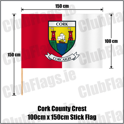 Cork county crest 100 × 150 cm stick flag in red and white, with a 150 cm wooden stick and dimension arrows.