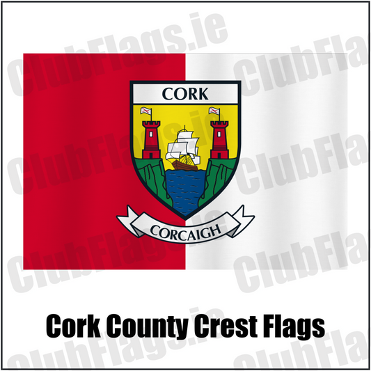 Cork county crest flag in red and white, with county name and crest.
