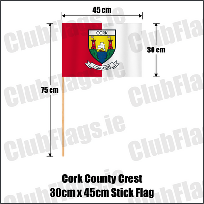 Cork county crest 30 × 45 cm stick flag in red and white, with a 75 cm wooden stick and dimension arrows.